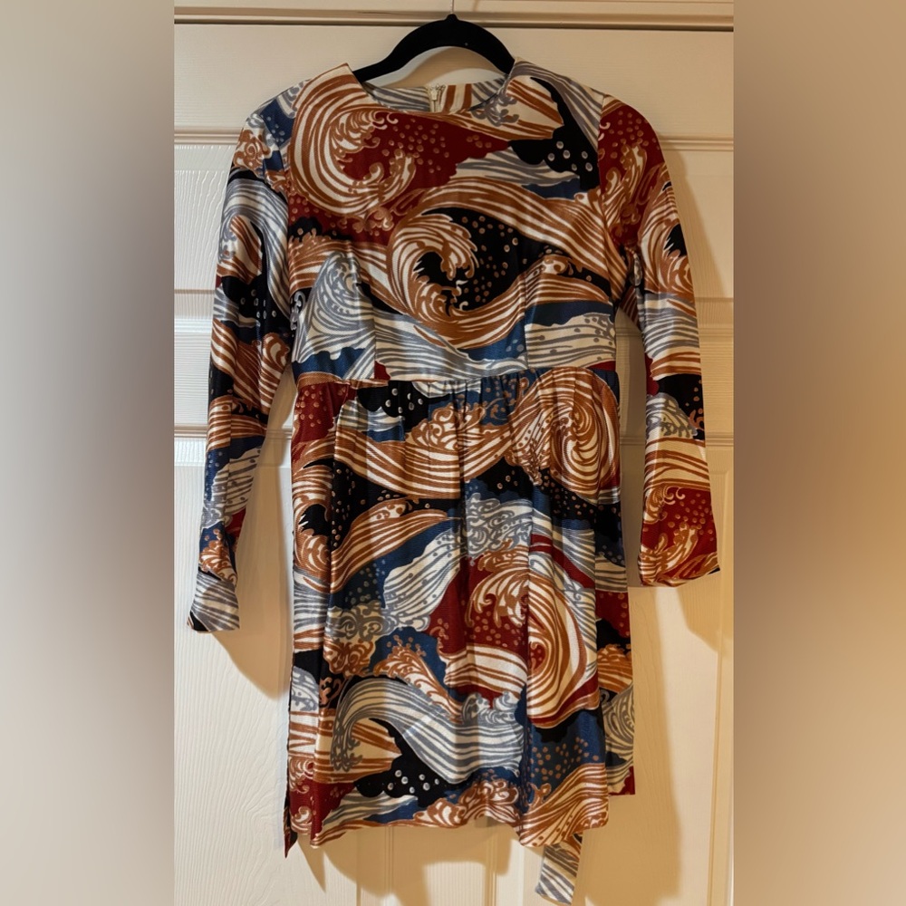 Vintage 70s Elegant Wave Pattern Long Sleeve Dress women’s 6 jr petite 9